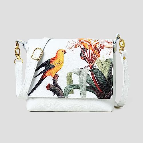 ADYAN Handmade Soft Leather Crossbody Bag for Women with Floral Bird Design Sling Bags Ideal for Daily use, Shopping and Casual (White)