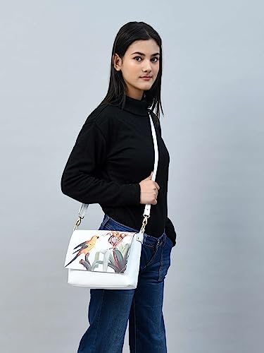 ADYAN Handmade Soft Leather Crossbody Bag for Women with Floral Bird Design Sling Bags Ideal for Daily use, Shopping and Casual (White)
