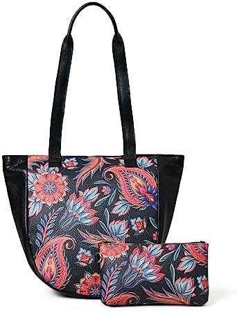 ADYAN Handmade Full Grain Soft Leather Floral Printed Shoulder Tote Bag for Women (Black)
