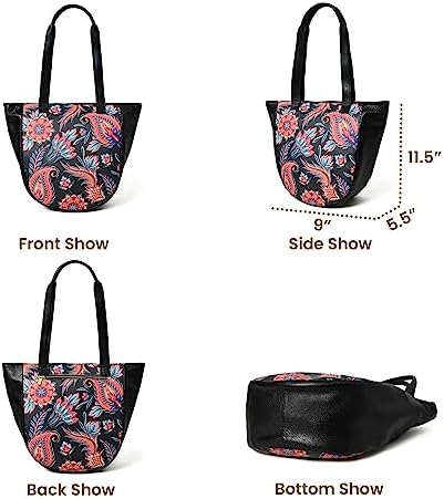 ADYAN Handmade Full Grain Soft Leather Floral Printed Shoulder Tote Bag for Women (Black)