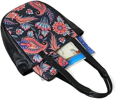 ADYAN Handmade Full Grain Soft Leather Floral Printed Shoulder Tote Bag for Women (Black)