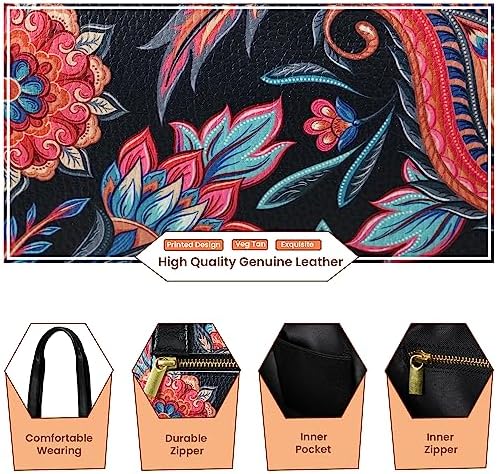 ADYAN Handmade Full Grain Soft Leather Floral Printed Shoulder Tote Bag for Women (Black)