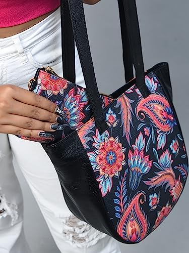 ADYAN Handmade Full Grain Soft Leather Floral Printed Shoulder Tote Bag for Women (Black)