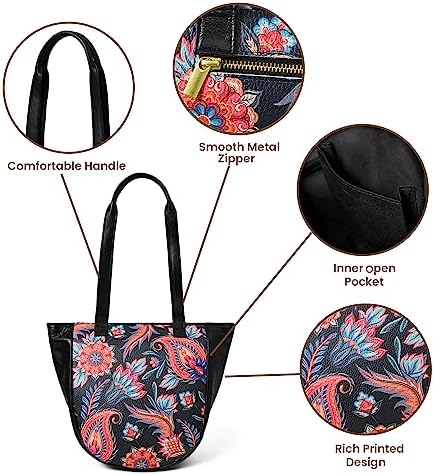 ADYAN Handmade Full Grain Soft Leather Floral Printed Shoulder Tote Bag for Women (Black)