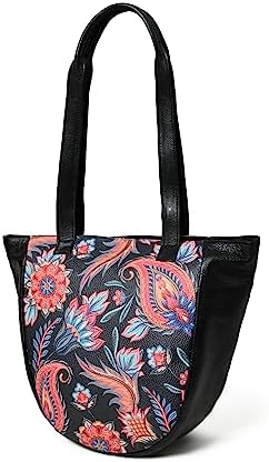 ADYAN Handmade Full Grain Soft Leather Floral Printed Shoulder Tote Bag for Women (Black)