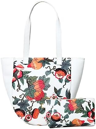 ADYAN Handmade Leather Floral Printed Shoulder Tote Bag for Women (White)