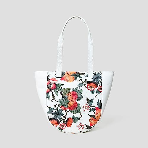 ADYAN Handmade Leather Floral Printed Shoulder Tote Bag for Women (White)