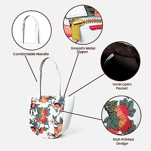 ADYAN Handmade Leather Floral Printed Shoulder Tote Bag for Women (White)