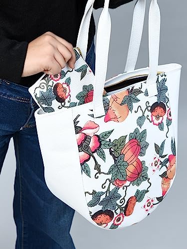 ADYAN Handmade Leather Floral Printed Shoulder Tote Bag for Women (White)