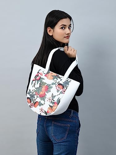 ADYAN Handmade Leather Floral Printed Shoulder Tote Bag for Women (White)