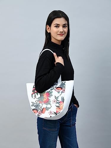 ADYAN Handmade Leather Floral Printed Shoulder Tote Bag for Women (White)