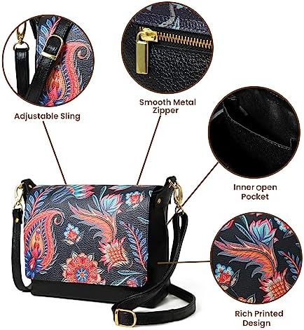 ADYAN Leather Crossbody Bag for Women’s – Leather Vegetable Tanned Crossbody Handbag with Brass Zipper Closure Purses for Women (Black & Multicolored