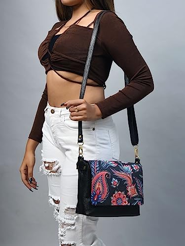 ADYAN Leather Crossbody Bag for Women’s – Leather Vegetable Tanned Crossbody Handbag with Brass Zipper Closure Purses for Women (Black & Multicolored
