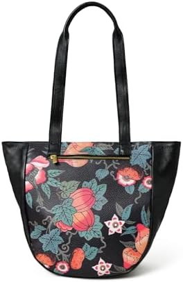 ADYAN Handmade Full Grain Veg Tan Soft Leather Floral Printed Shoulder Tote Bag for Women (Black)