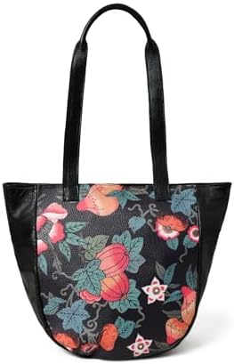 ADYAN Handmade Full Grain Veg Tan Soft Leather Floral Printed Shoulder Tote Bag for Women (Black)