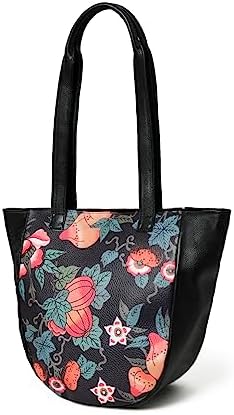 ADYAN Handmade Full Grain Veg Tan Soft Leather Floral Printed Shoulder Tote Bag for Women (Black)