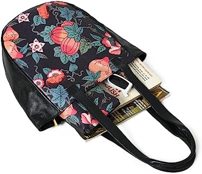 ADYAN Handmade Full Grain Veg Tan Soft Leather Floral Printed Shoulder Tote Bag for Women (Black)