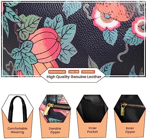 ADYAN Handmade Full Grain Veg Tan Soft Leather Floral Printed Shoulder Tote Bag for Women (Black)