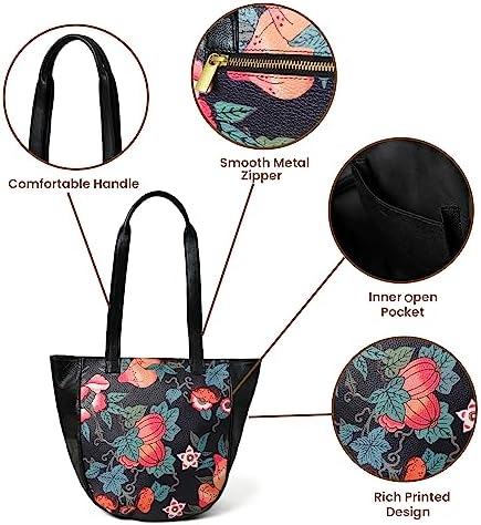 ADYAN Handmade Full Grain Veg Tan Soft Leather Floral Printed Shoulder Tote Bag for Women (Black)