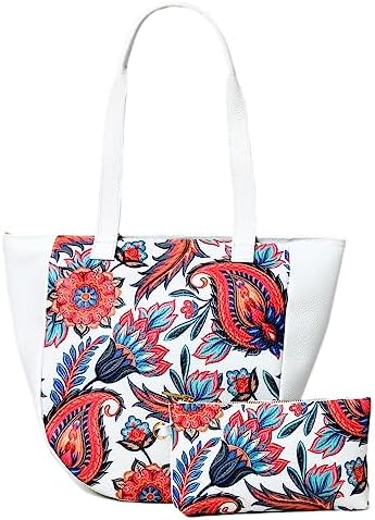 ADYAN Handmade Full Grain Soft Leather Floral Printed Shoulder Tote Bag for Women (White)
