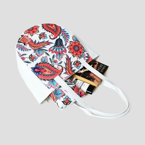 ADYAN Handmade Full Grain Soft Leather Floral Printed Shoulder Tote Bag for Women (White)