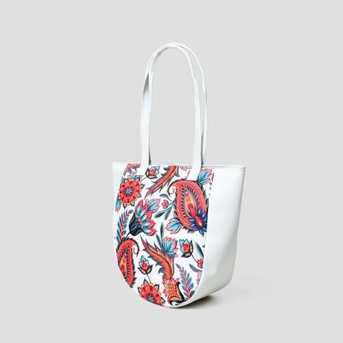 ADYAN Handmade Full Grain Soft Leather Floral Printed Shoulder Tote Bag for Women (White)