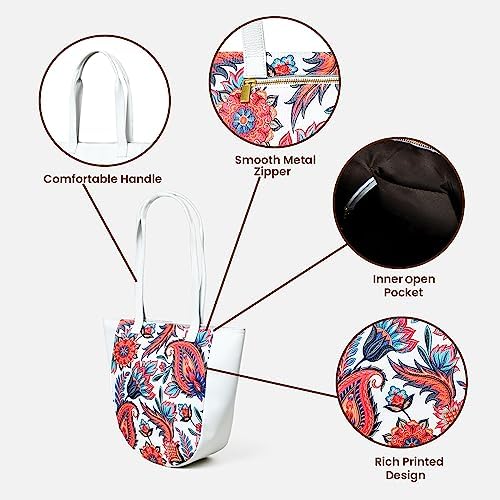 ADYAN Handmade Full Grain Soft Leather Floral Printed Shoulder Tote Bag for Women (White)