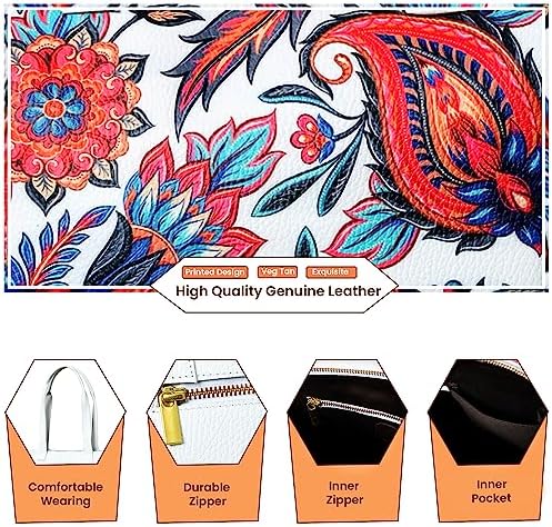 ADYAN Handmade Full Grain Soft Leather Floral Printed Shoulder Tote Bag for Women (White)