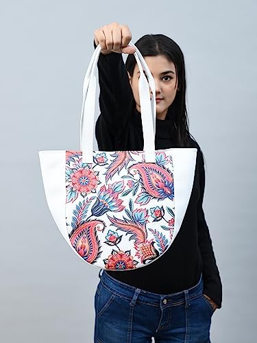 ADYAN Handmade Full Grain Soft Leather Floral Printed Shoulder Tote Bag for Women (White)
