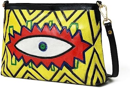 ADYAN Leather Crossbody Bag for Women Handpainted Full Grain Leather Sling Bag For Girls Braided Adjustable & Detachable Strap Pefect Shoulder Bag for Travel College Office & Gift (Black_Yellow)