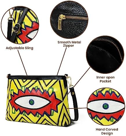ADYAN Leather Crossbody Bag for Women Handpainted Full Grain Leather Sling Bag For Girls Braided Adjustable & Detachable Strap Pefect Shoulder Bag for Travel College Office & Gift (Black_Yellow)