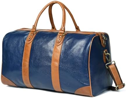 Adyan Leather Duffel Weekender Bag 20" for Men Women Handmade Soft Leather Overnight Weekend Travel Duffel Bags for Gym Sports (20 Inch, Navy Blue)