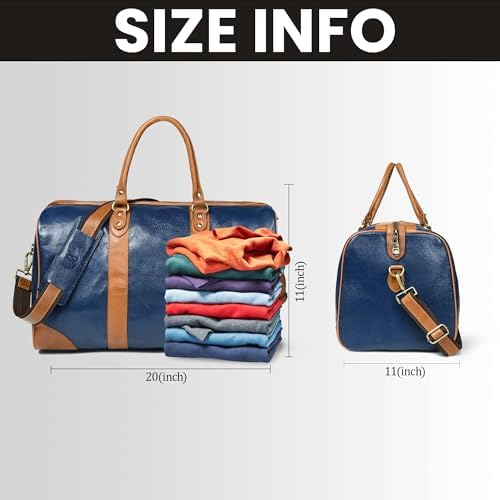 Adyan Leather Duffel Weekender Bag 20" for Men Women Handmade Soft Leather Overnight Weekend Travel Duffel Bags for Gym Sports (20 Inch, Navy Blue)