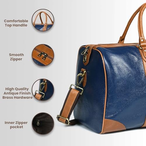 Adyan Leather Duffel Weekender Bag 20" for Men Women Handmade Soft Leather Overnight Weekend Travel Duffel Bags for Gym Sports (20 Inch, Navy Blue)