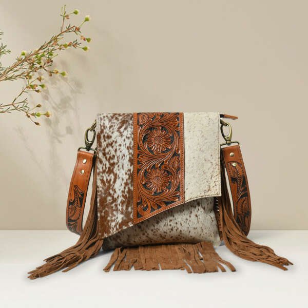 Western Hand-Tooled Genuine Brown Leather Cross Body Bag Adjustable and Detachable