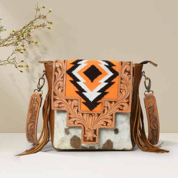 Leather Crossbody Bag for Women - Handcrafted Flora Pattern Single Adjustable and Detachable Strap