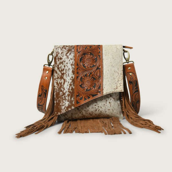 Western Hand-Tooled Genuine Brown Leather Cross Body Bag Adjustable and Detachable - Image 2