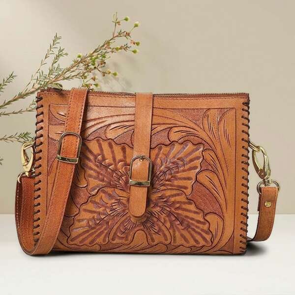 Western Leather Crossbody Bags for Women Sling Bag Satchel Bag Hand-tooled Floral Carving Bag Purse