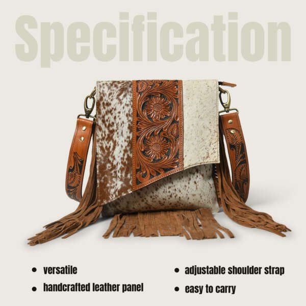 Western Hand-Tooled Genuine Brown Leather Cross Body Bag Adjustable and Detachable - Image 4