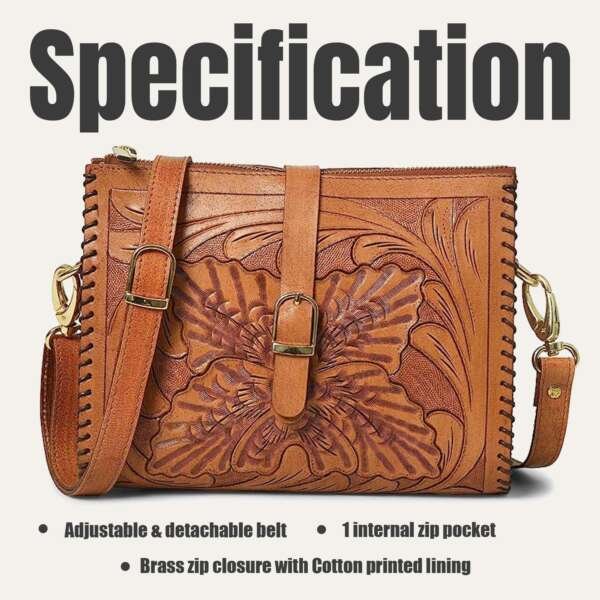 Western Leather Crossbody Bags for Women Sling Bag Satchel Bag Hand-tooled Floral Carving Bag Purse - Image 4