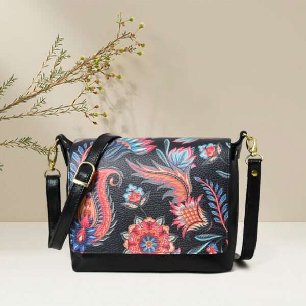 ADYAN Handmade Full Grain Soft Cow Leather Floral Printed Cross body Sling Bag for Women (Black)