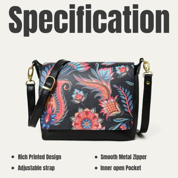 ADYAN Handmade Full Grain Soft Cow Leather Floral Printed Cross body Sling Bag for Women (Black) - Image 4