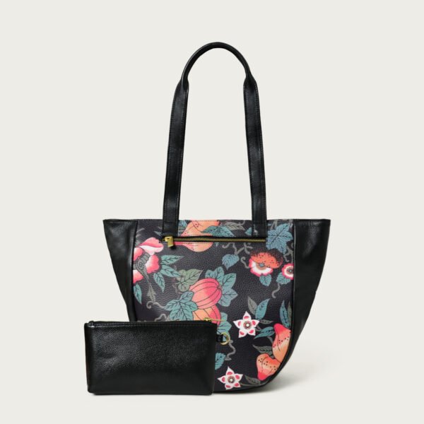 ADYAN Handmade Full Grain Veg Tan Soft Cow Leather Floral Printed Shoulder Tote Bag for Women (Black) - Image 2