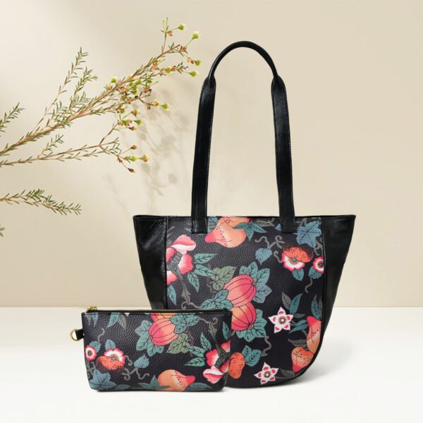 ADYAN Handmade Full Grain Veg Tan Soft Cow Leather Floral Printed Shoulder Tote Bag for Women (Black)