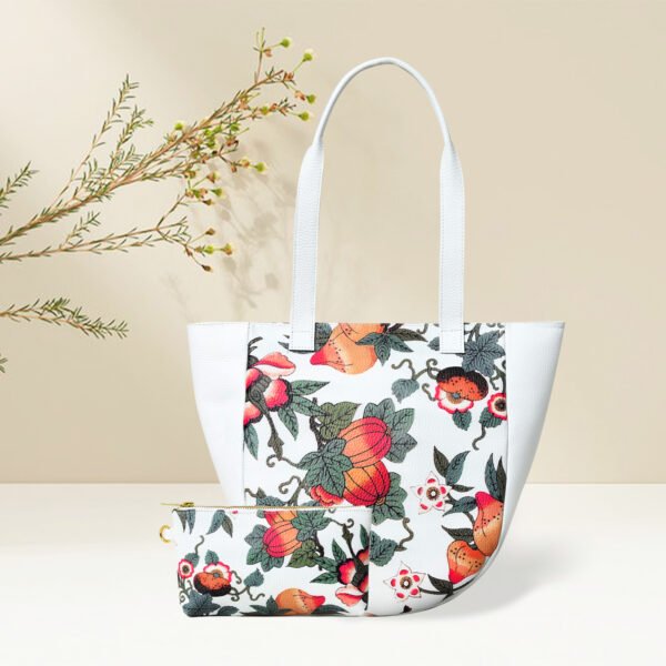 ADYAN Handmade Full Grain Veg Tan Soft Cow Leather Floral Printed Shoulder Tote Bag for Women (White)