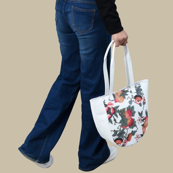 ADYAN Handmade Full Grain Veg Tan Soft Cow Leather Floral Printed Shoulder Tote Bag for Women (White) - Image 7