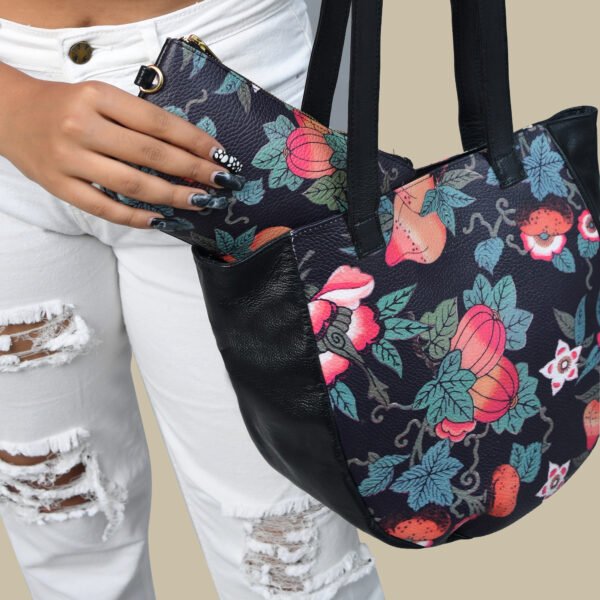 ADYAN Handmade Full Grain Veg Tan Soft Cow Leather Floral Printed Shoulder Tote Bag for Women (Black) - Image 6