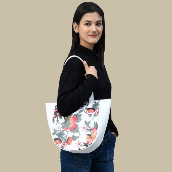 ADYAN Handmade Full Grain Veg Tan Soft Cow Leather Floral Printed Shoulder Tote Bag for Women (White) - Image 6