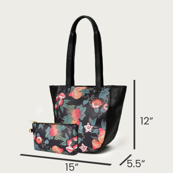 ADYAN Handmade Full Grain Veg Tan Soft Cow Leather Floral Printed Shoulder Tote Bag for Women (Black) - Image 3