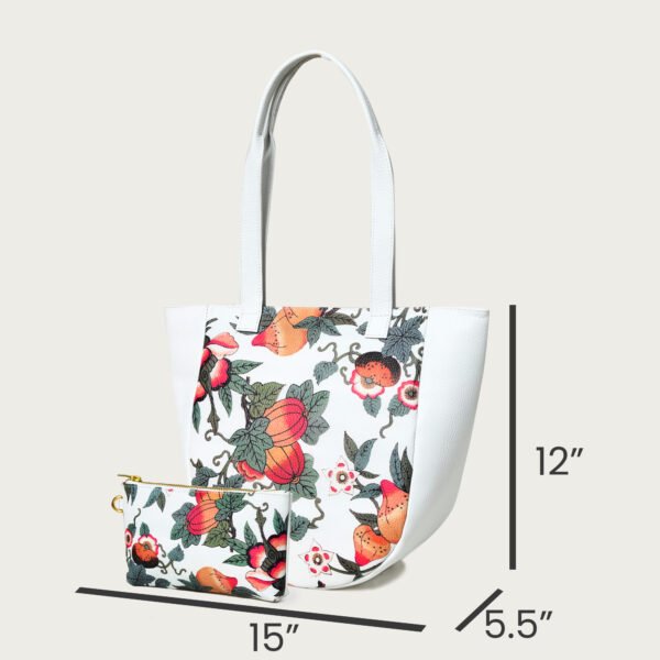 ADYAN Handmade Full Grain Veg Tan Soft Cow Leather Floral Printed Shoulder Tote Bag for Women (White) - Image 3